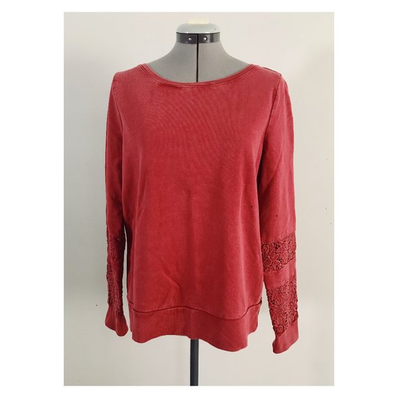 Lucky Lotus California Sz M Cotton Embroidered Lace Trim Knit Red Top - Picture 1 of 9